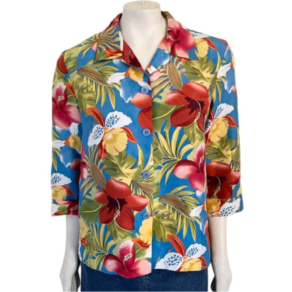 VTG DRESSBARN 100% Silk Tropical Floral Lightweight Button Front Shirt SZ 10